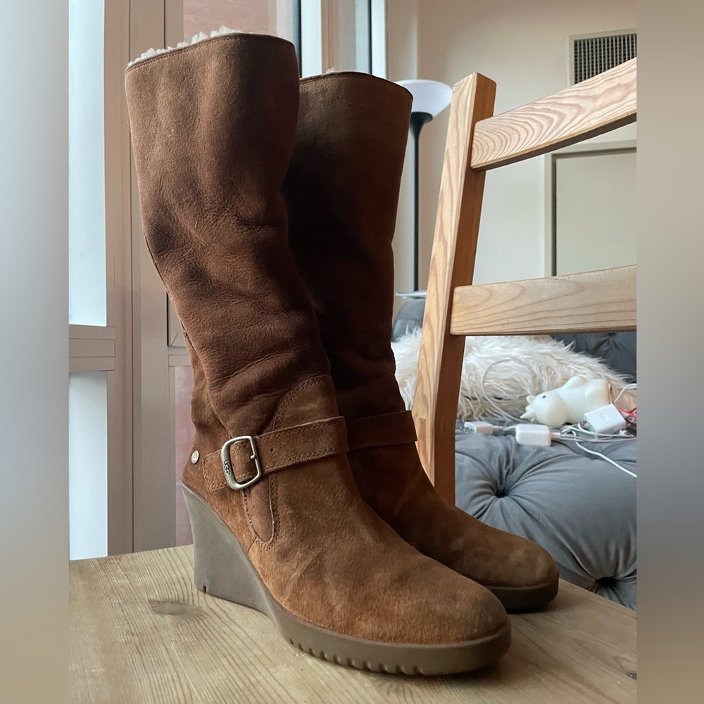 UGG Australia Seline Tall Wedge Zip Brown Suede Sheepskin Boots Size 10